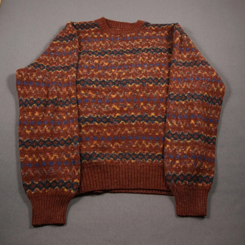 Vintage 80s Fair Isle Geometric Knit Men Sweater L Boho Coastal Rustic College